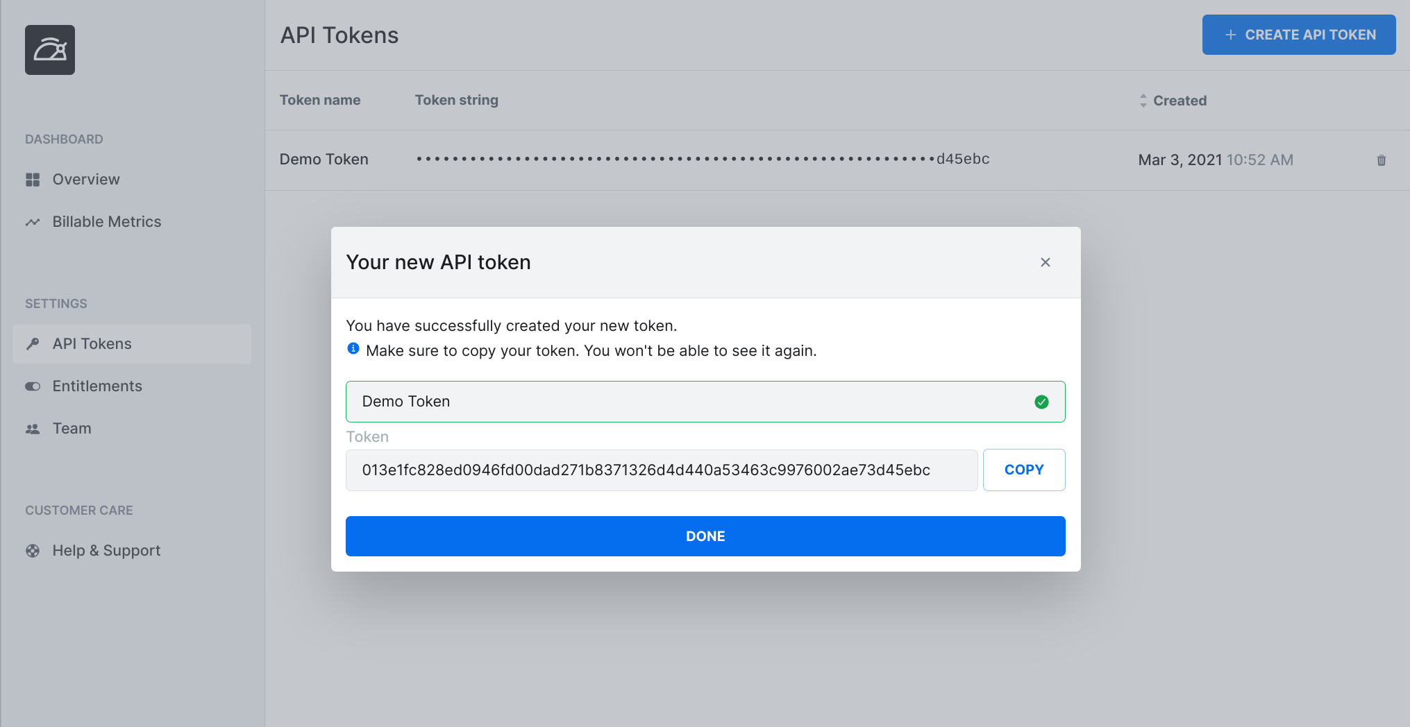 Metronome API token screenshot