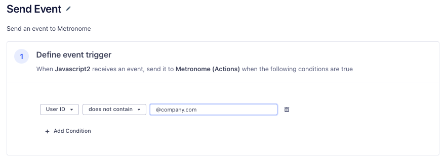a screenshot showing an event trigger that requires User ID to not contain the text @company.com