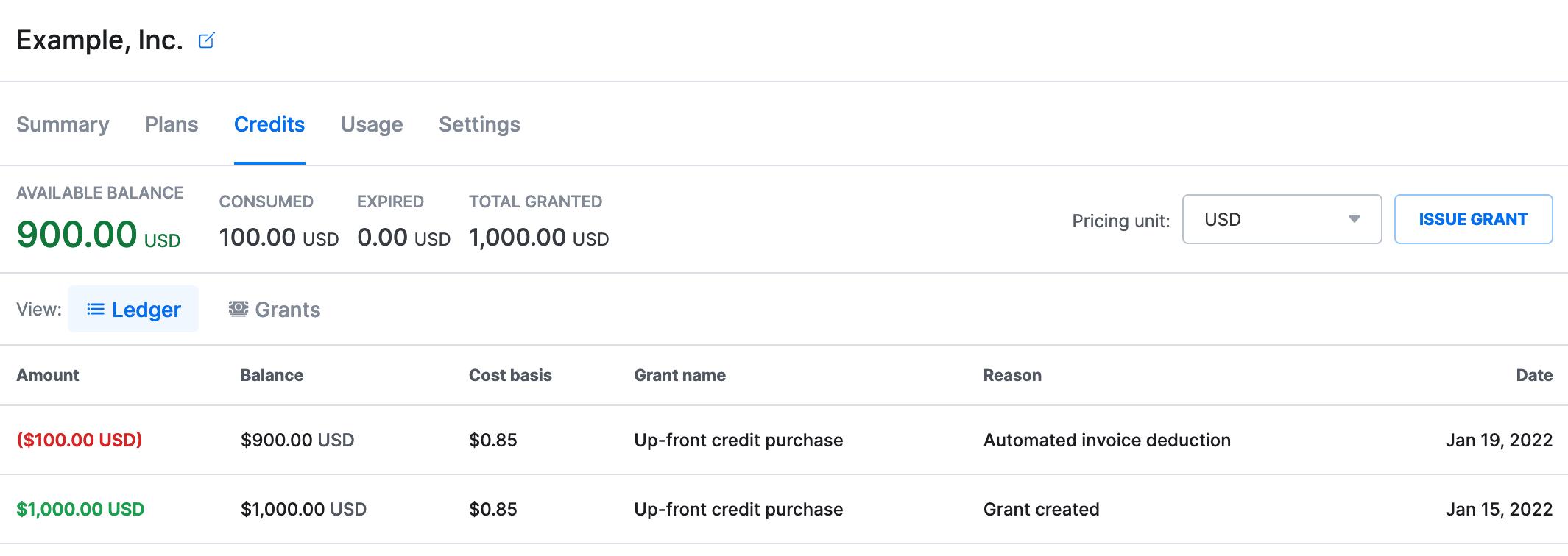 a screenshot of the Metronome app displaying a customer&#39;s USD credit ledger